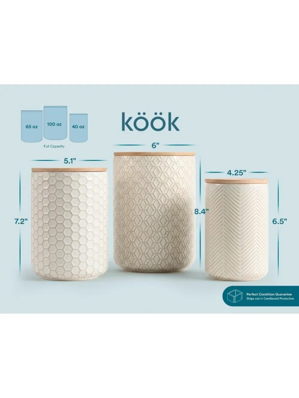 Stylish Ivory Ceramic Storage Containers with Bamboo Lids - Set of 3, Embossed